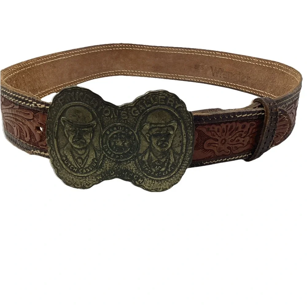 VINTAGE Wrangler Tooled Leather Western Belt Wildbunch Buckle 39
